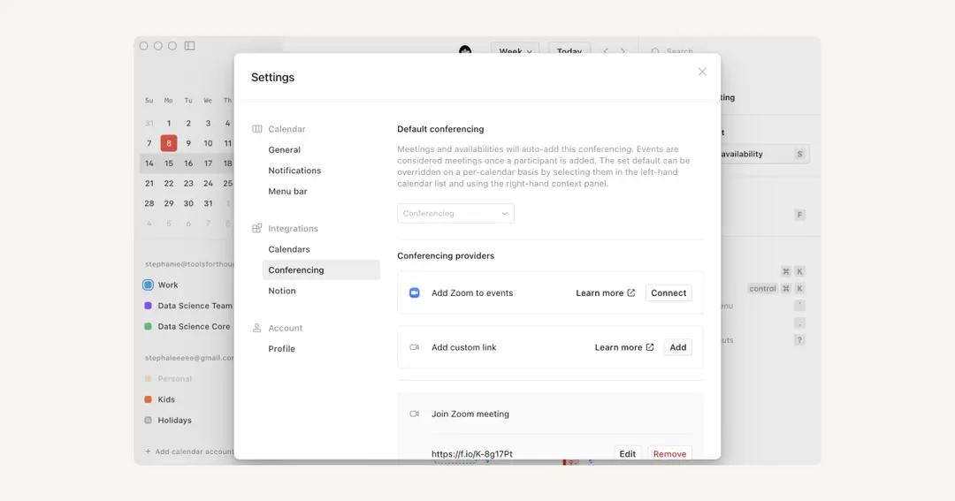 Verbindungen und API von Notion Calendar