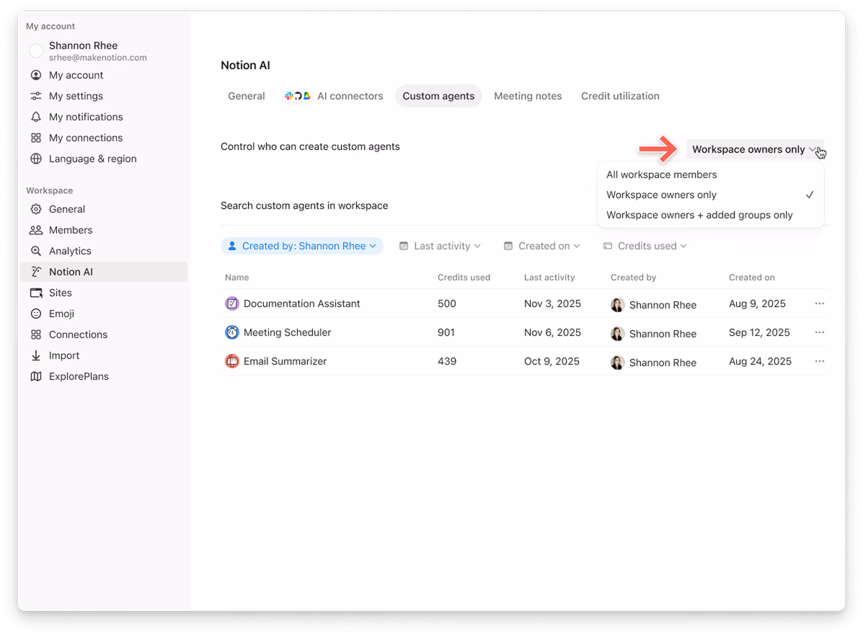 에이전트를 생성할 수 있는 사용자를 위한 Notion 크레딧 대시보드