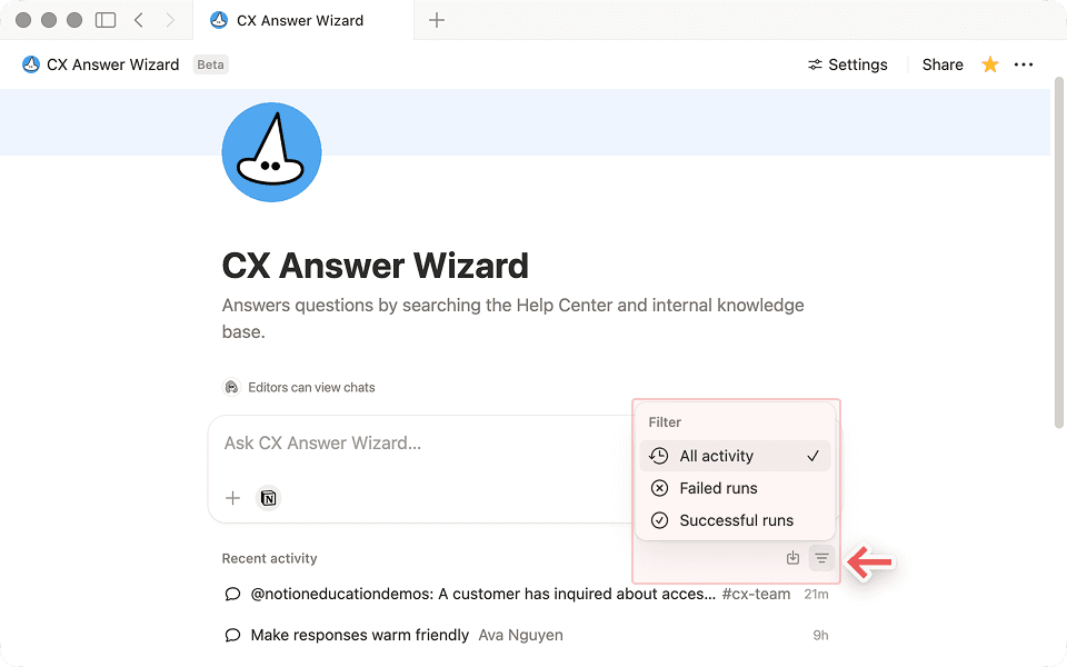 Use the Activity tab to see what your agent has done.