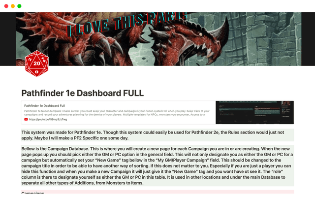 Pathfinder 1e Dashboard FULL